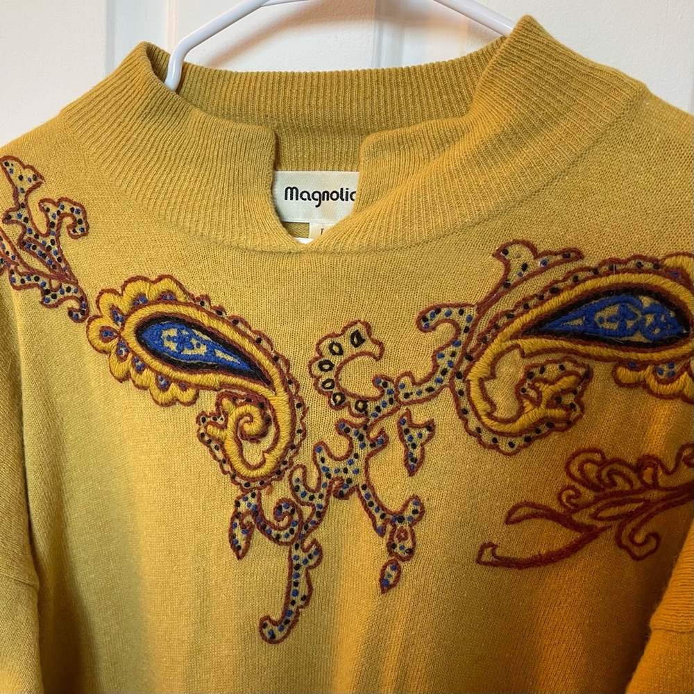 Magnolia Vintage Lambswool Mustard Sweater with Embroidered Accents